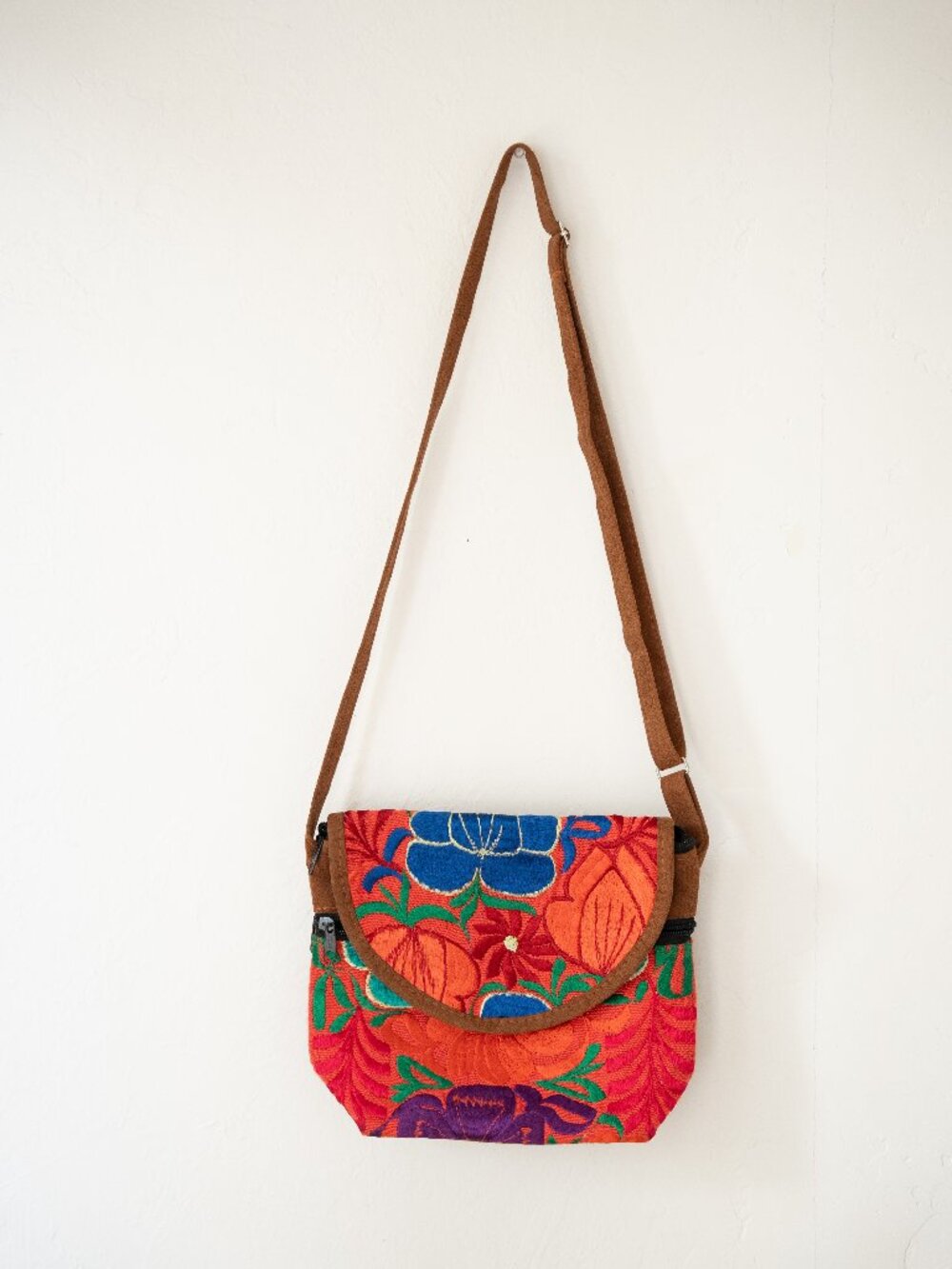Colorful Floral Embroidered Crossbody Bag Brown Boho Folk Art Shoulder Purse